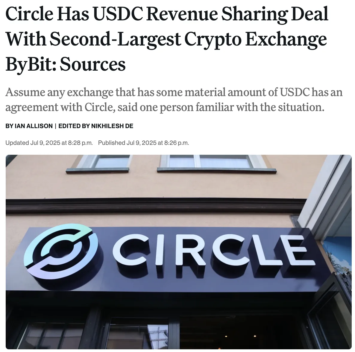 Circle и Bybit договорились о совместном распределении доходов от USDC.