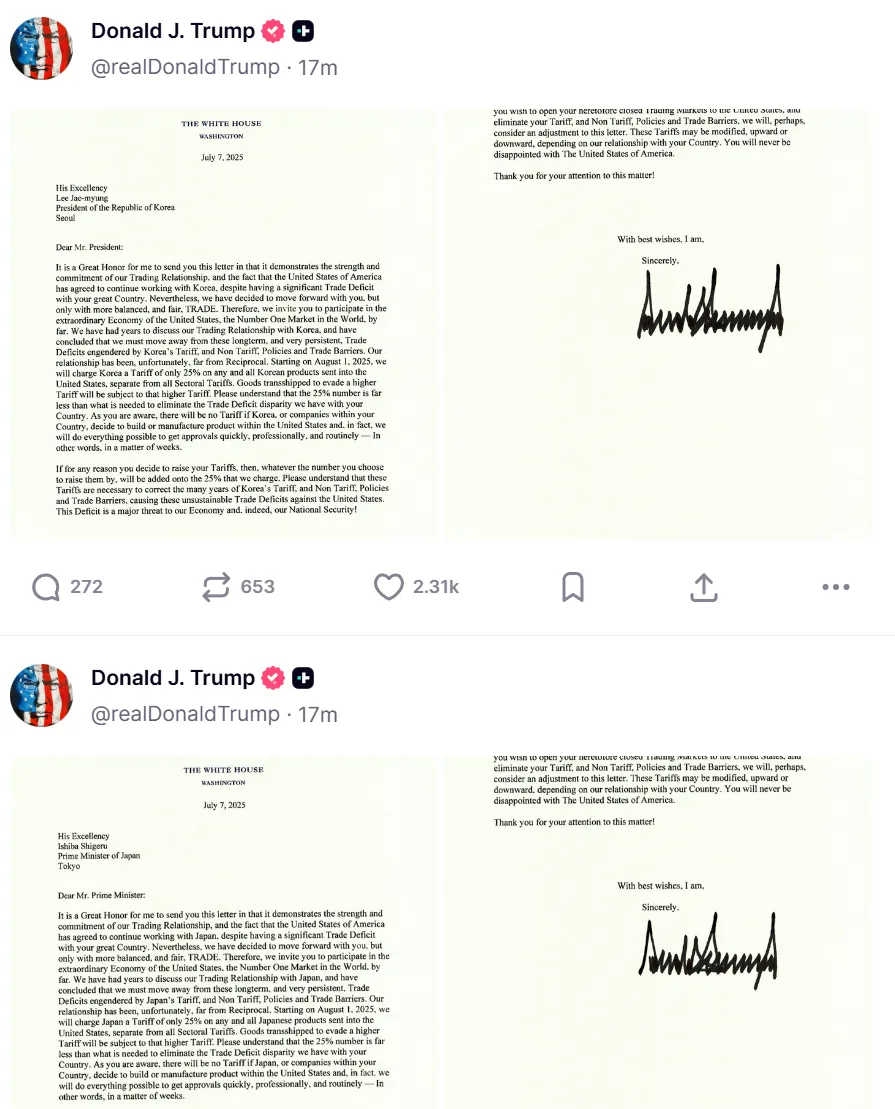 Трамп вводит 25% пошлины на импорт из Японии и Южной Кореи с 1 августа