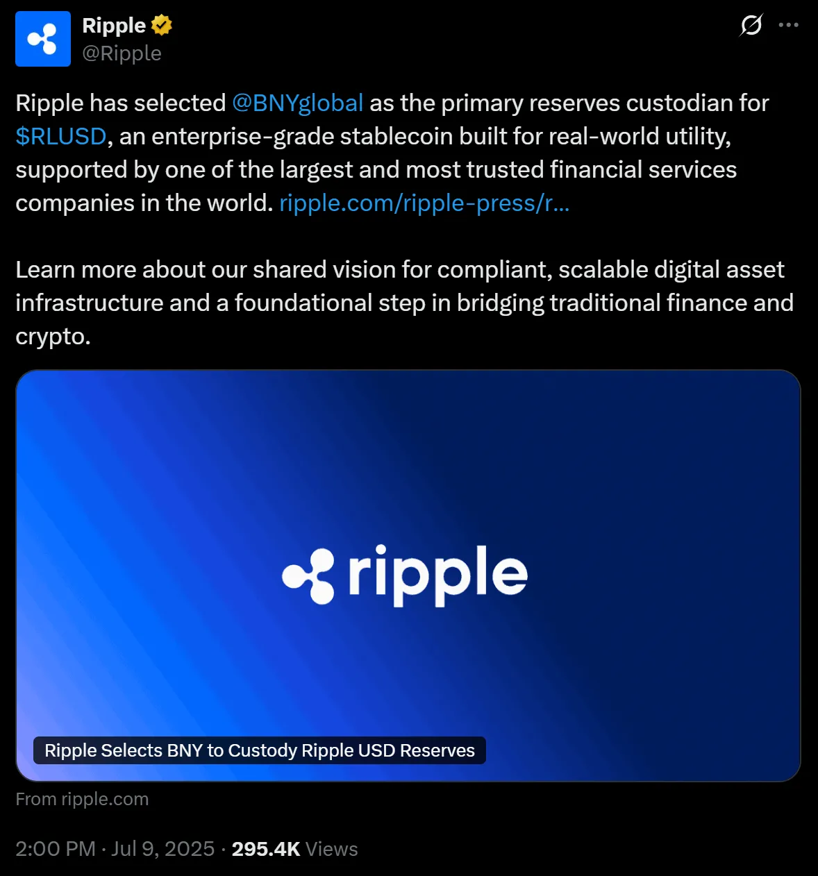 Ripple размещает $500 млн стейблкоина RLUSD в банке BNY Mellon